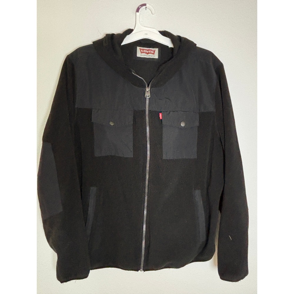 Levis Mens Black Fleece Full‎ Zip Hooded Jacket XL Mixed Media Utility Coat